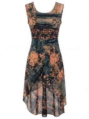 Vintage 90s Mural Hi-Low Dress Asymmetric Hem, Stretchable Earth Aesthetic (S-M)